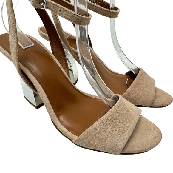 Halston Simi Blush Pink Kid Suede Leather Silver Metallic Block Heel Sandals - Picture 8 of 12